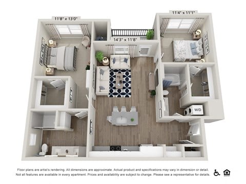 Floor plan for 2 beds, 2 baths, 1086 sqft